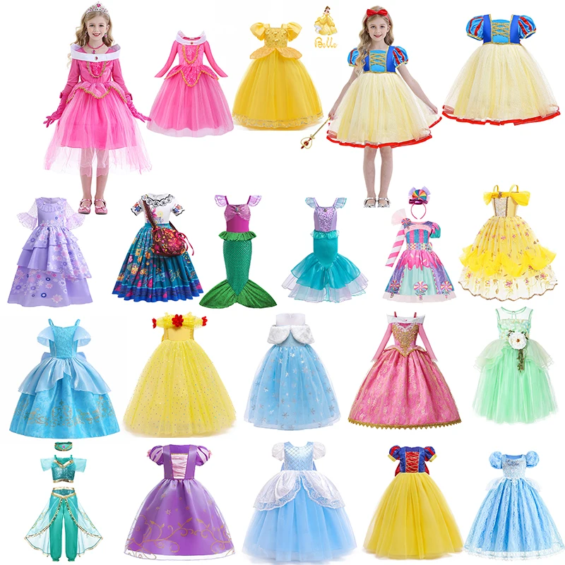 Disney Princess Dress Girls Cosplay Aurora Cinderella Belle Elsa Costume For Kids 2-10Years Halloween Carnival Party Fancy Dress