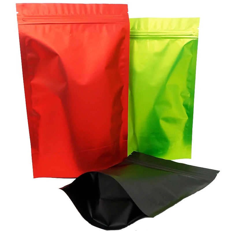 100pcs Standing Up Aluminum Foil Zip Lock Bags Matt Finish in Black/Red/Green Color, Platic Zipper Close Grocery Packing Pouch