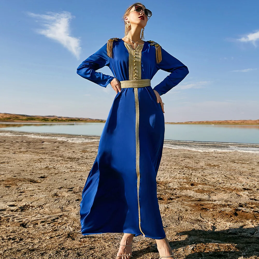 Blue Satin Abaya Dubai Arabic Turkey Islam Hijab Muslim Dress Prayer Clothes Kaftans Abayas for Women  Djellaba Femme Musulmane