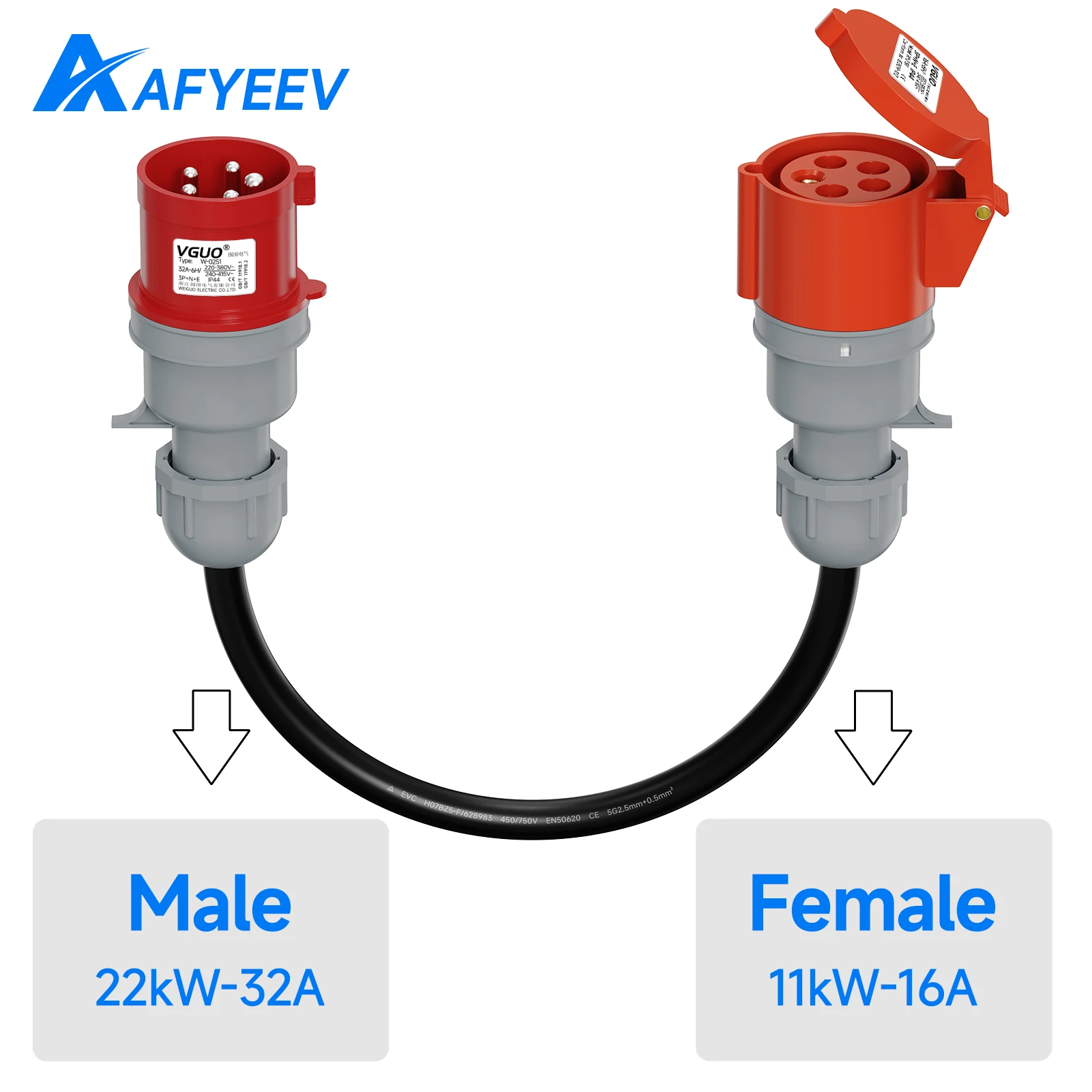 

AFYEEV CEE Разъем-адаптер Кабель 5-контактный 400 В 22 кВт 32 А «папа» на 5-контактный 400 В 11 кВт 16 А Женский адаптер зарядного устройства для электромобиля для мастерских