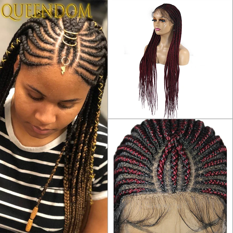 Ombre Full Lace Braided Wig Long Knotless Box Braids Lace Frontal Wig with Baby Hair red Synthetic Box Braid Front Women's Wig