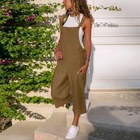 fashion solid color cottom linen jumpsuits women spring summer casual loose long wide leg pants ladys suspenders bodysuits 2022
