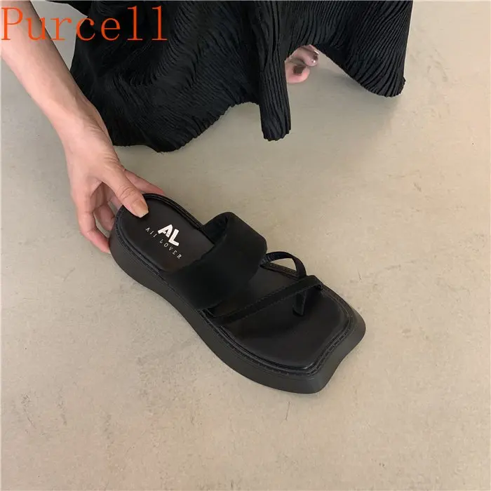 2023 new square-headed women's mid-heeled shoes summer fashion slippers,