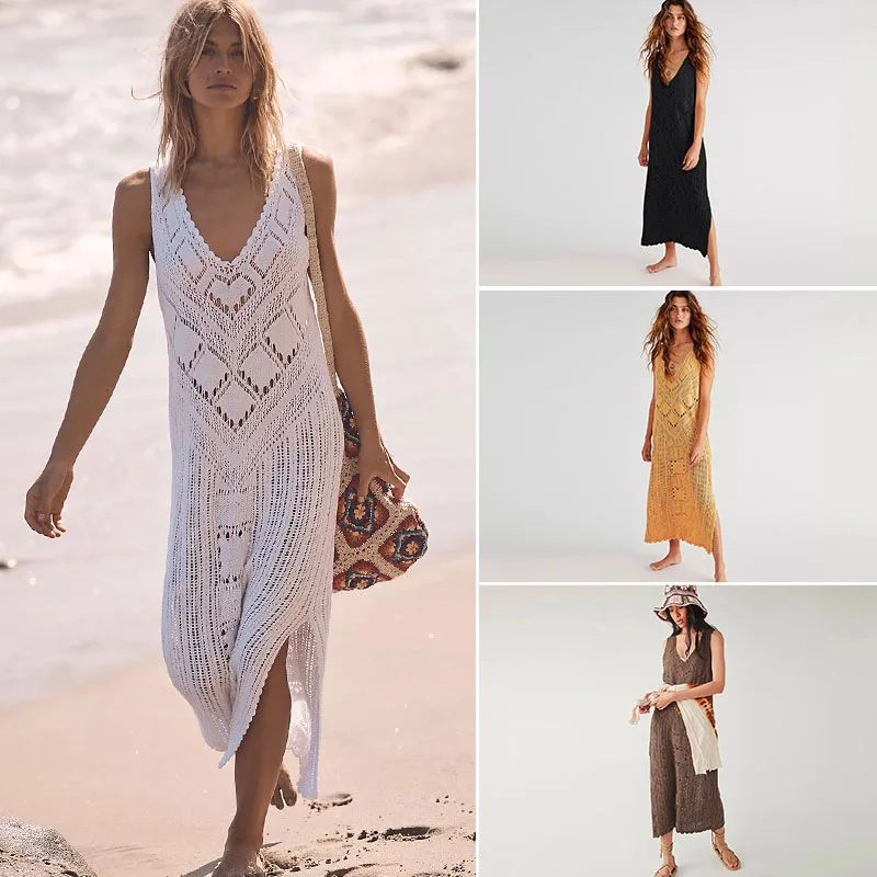 

Cover Ups Maxi Dress Women Sexy Sleeveless Bikini Cover-ups White Dress Women Mesh Tunic Knitted Summer SwimSuit Beach Dress