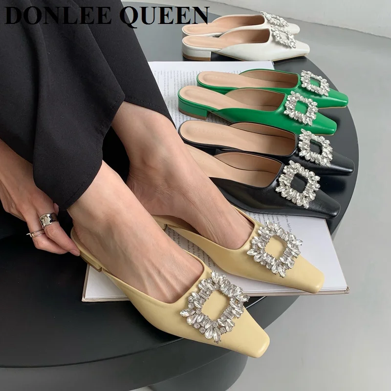 

Стразы, женские модные уличные тапочки, женские сандалии на плоской подошве с квадратным носком, брендовые сандалии со стразами, удобная об...