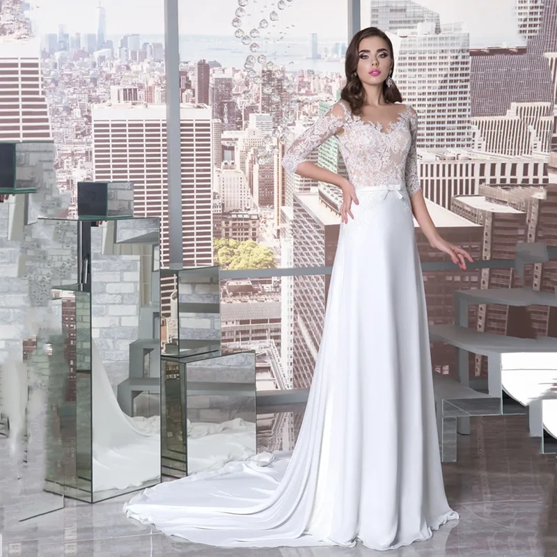 

Женское свадебное платье с круглым вырезом, элегантное шифоновое платье-трапеция с рукавами три четверти и кружевными вставками, с поясом и...