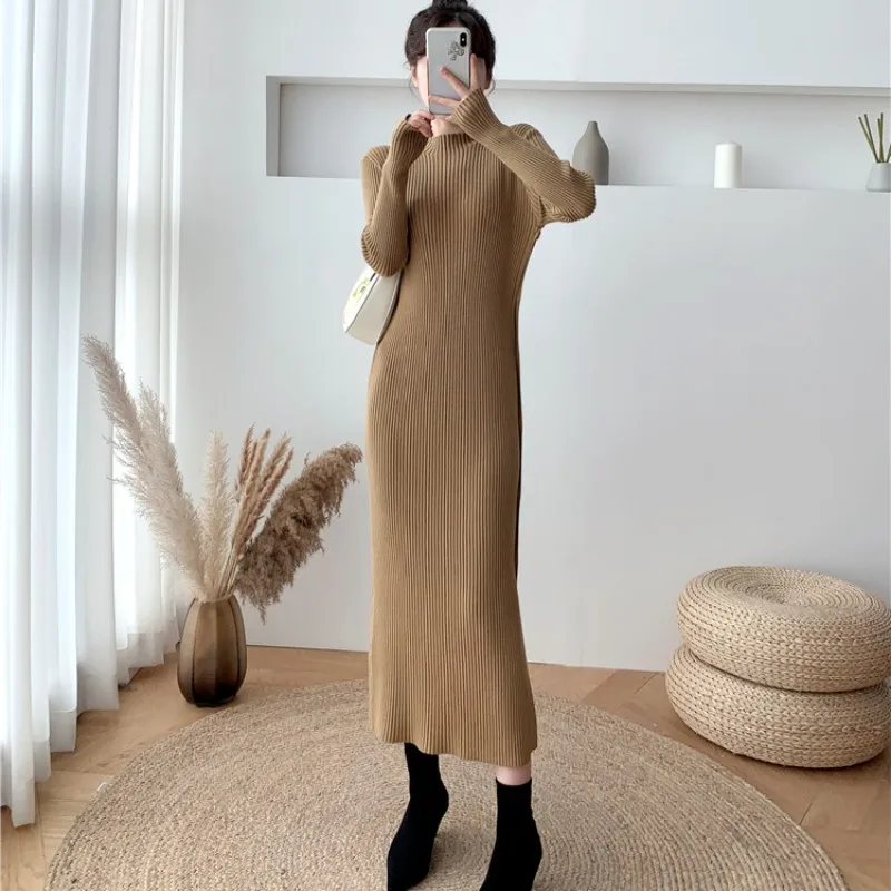 

2022 New Style In Autumn And Winter Dress Knitting Half Height Collar Thickening Side Fork Underpinning Above Knee Free Shipping