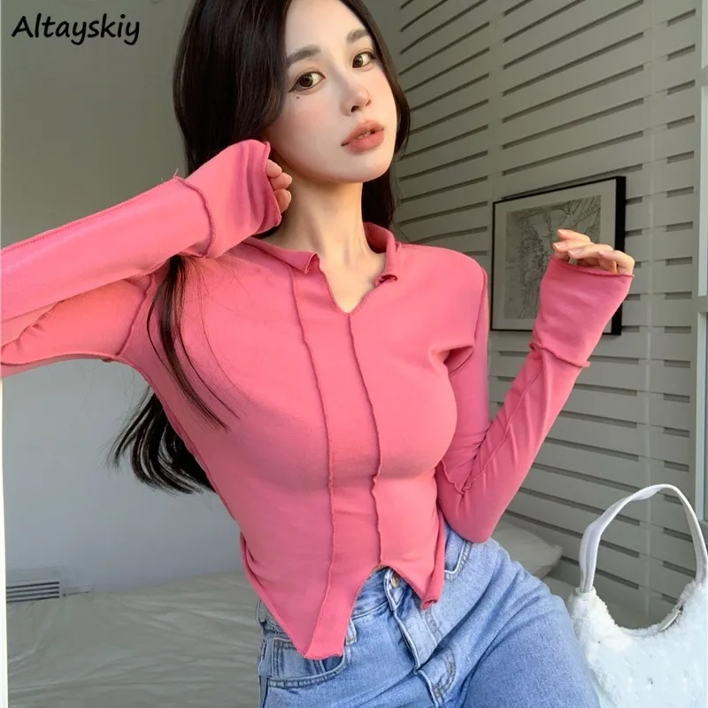 

Long Sleeve T-shirts Women Slim Korean Fashion Students All-match Chic Daily Kawaii Leisure Street Wear Футболка Женский Design