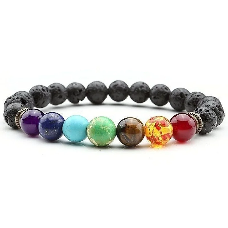 

8mm Bead Bracelet Black Lava Volcanic Stone Colorful Chakra Yoga Elastic Bracelet for Women Men Bracelets Charm Bracelet