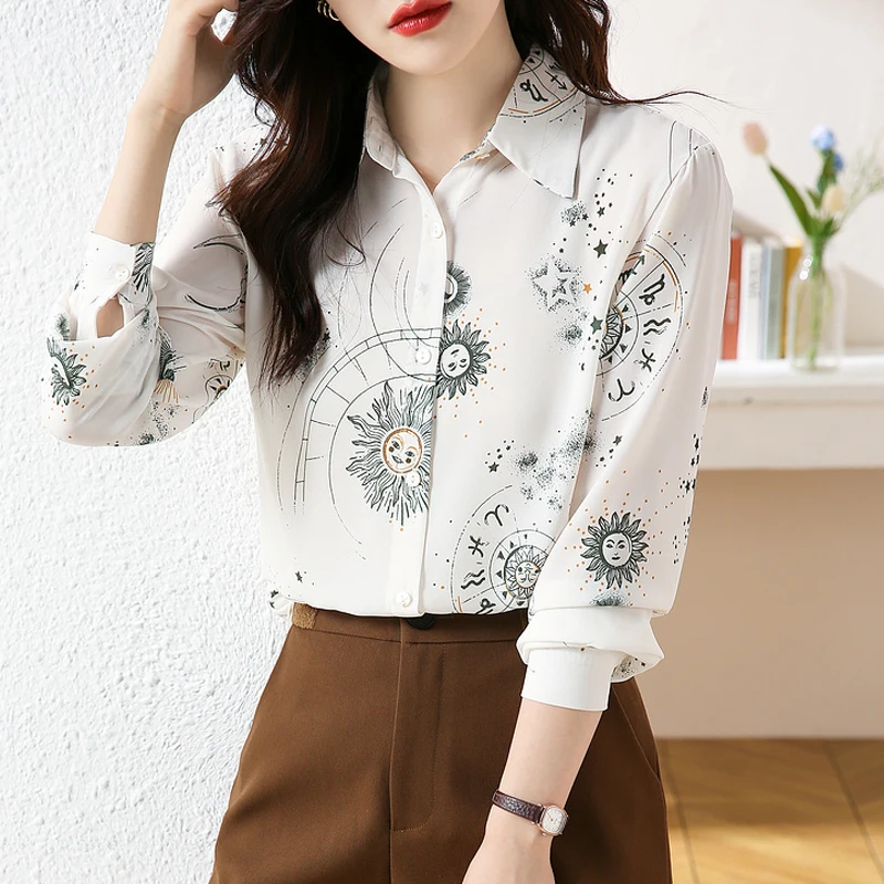 

Office Printing Long Sleeve Shirts Women 2022 New Fashion Chiffon Blouse Women Buttons Turn Down Collar Female Clothing 24484