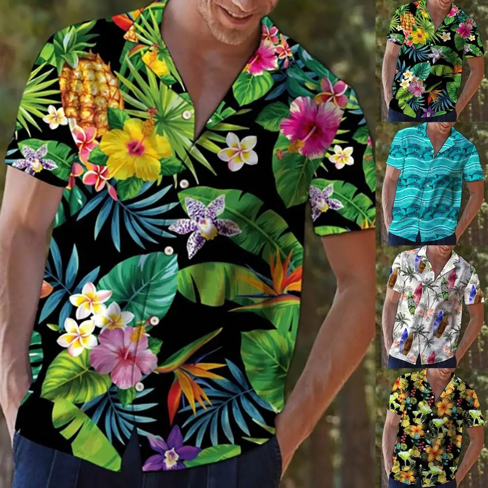 

Short Sleeve Floral Shirt Men Summer Loose Baggy Casual Hawaii Holiday Tropical Beach Shirt Tee Top Button Blouse National Style