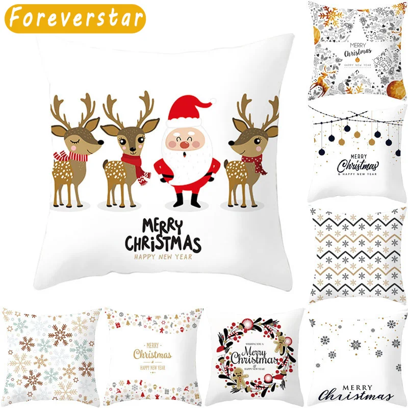 

White Christmas Cushion Cover Cute Santa Claus Elk Pillowcase Cover Winter Snowflake Decorative Pillow Case Navidad Funda Cojín