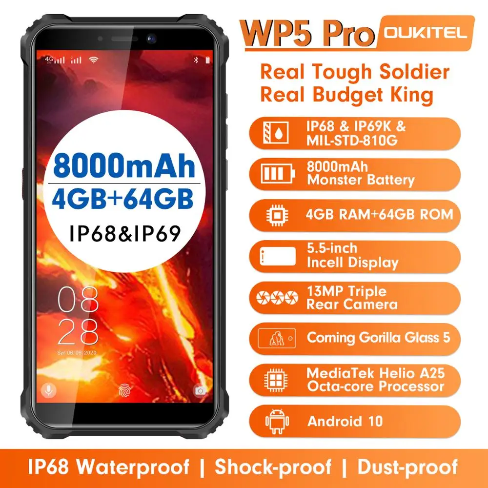 OUKITEL WP5 Pro IP68 Rugged Smartphone 4GB 64GB 8000mAh 5.5