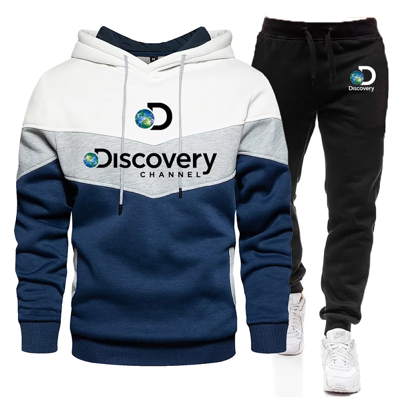 2023 Discovery Channel Print Men's Hoodies Sweatshirt + Sweatpants Suit Spring Autumn Warm Sportswear Sets Men Pullover Tracksui