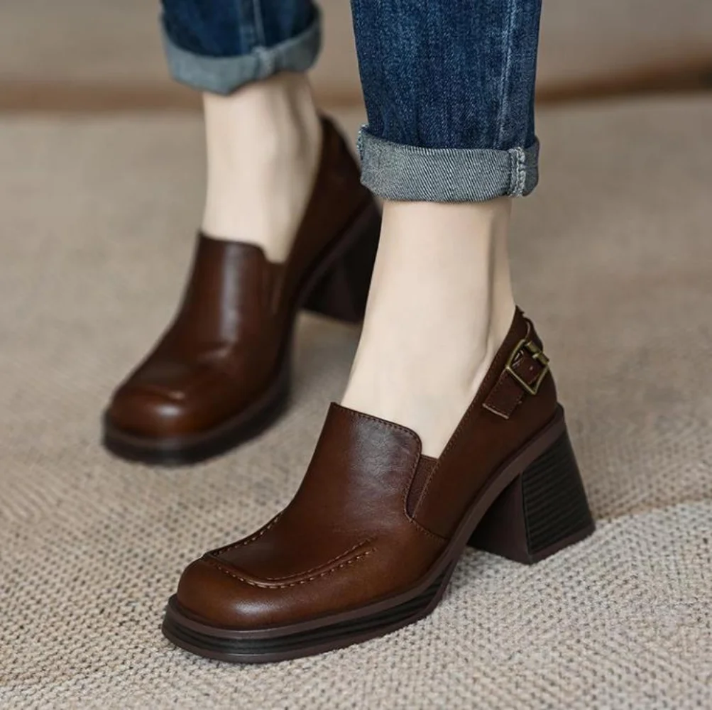 

Женские туфли на толстой подошве, кожаные туфли в стиле ретро, с эластичным поясом, на высоком каблуке, обувь Lefu, весна 2023