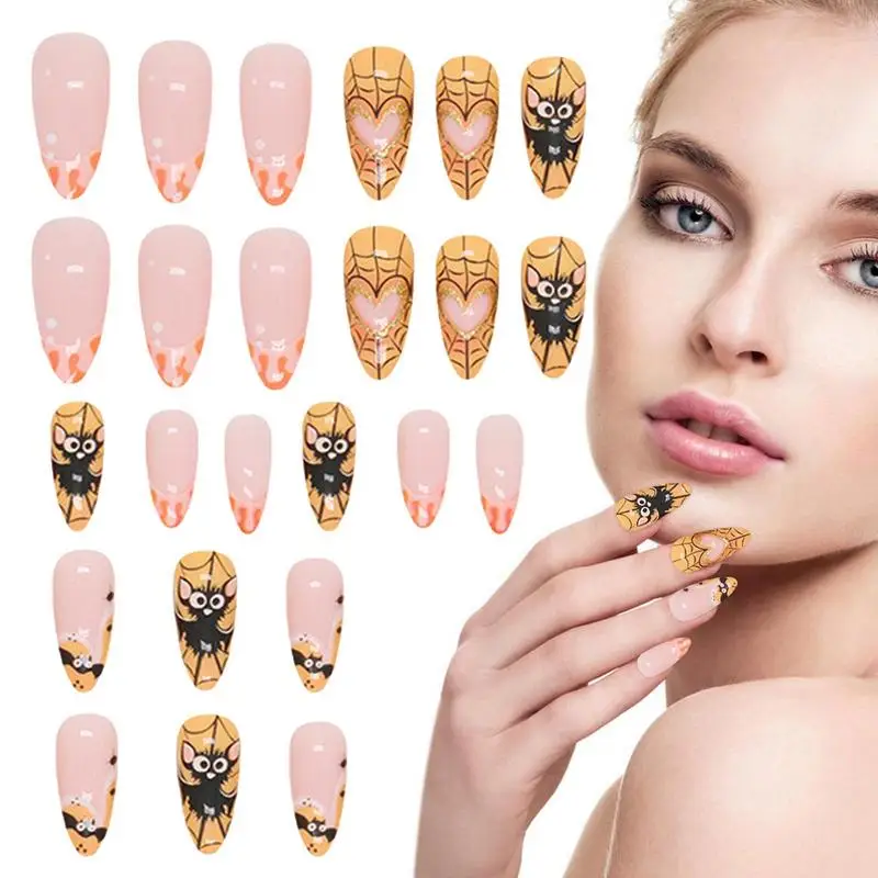 

Almond Halloween Nails 24Pcs Press-on Bat Almond Nail Nail Accessories Kit For Holiday Halloween Parties And Roll Play