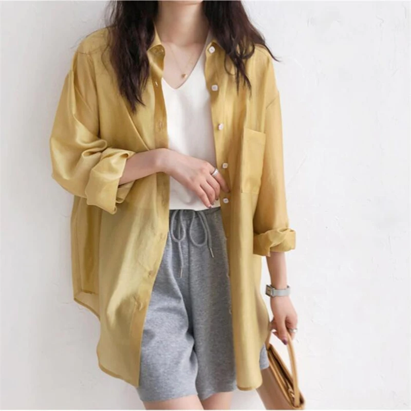 Korean Spring Summer Fashion oversize Air-conditioned Shirt Women Loose Lesser Blouses Solid Color plus size Sunscreen shirt Top