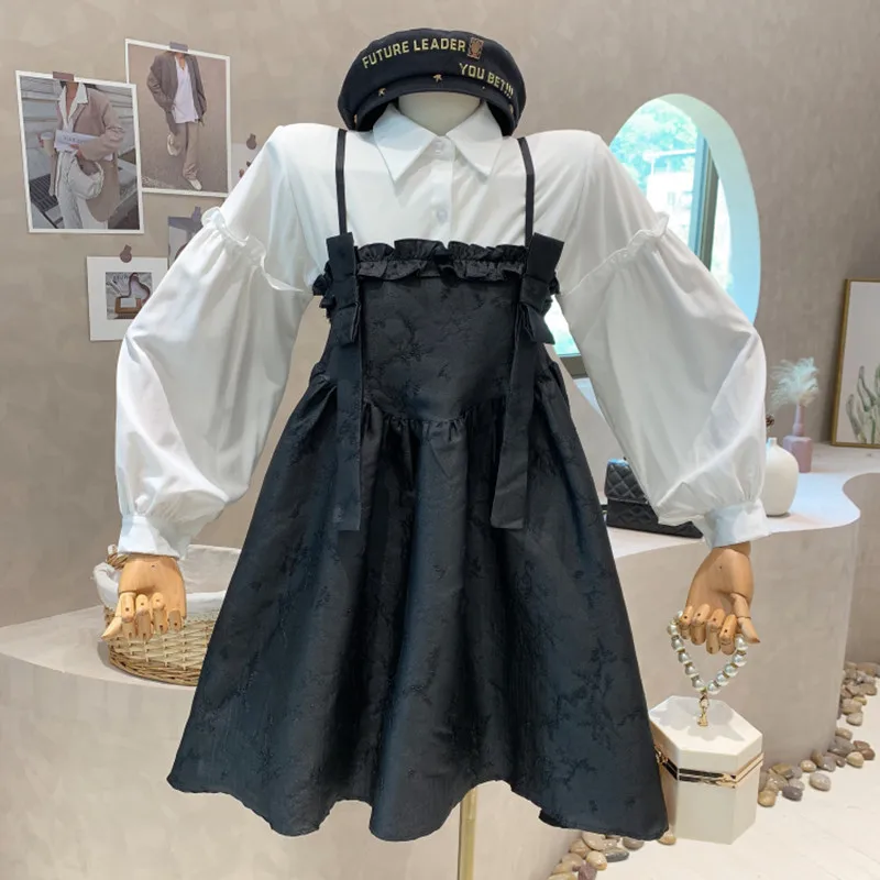 

New Women's Clothing 2022 Spring sleeveless A-line suspender Dress White Long Sleeved Shirt Top blouses Two piece set