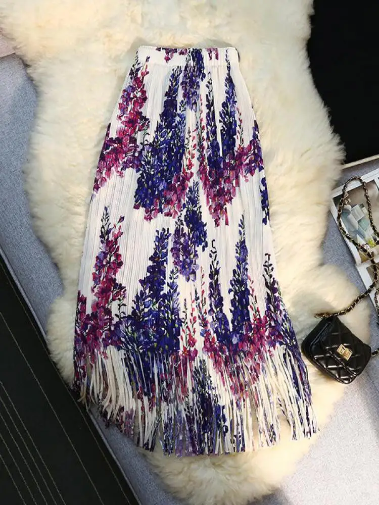 

Retro Floral Printed Tassel Sweet Elegant High-waisted Women's Summer Skirts Korean Style Skirt Fashion 2023 Streetwear Clothes