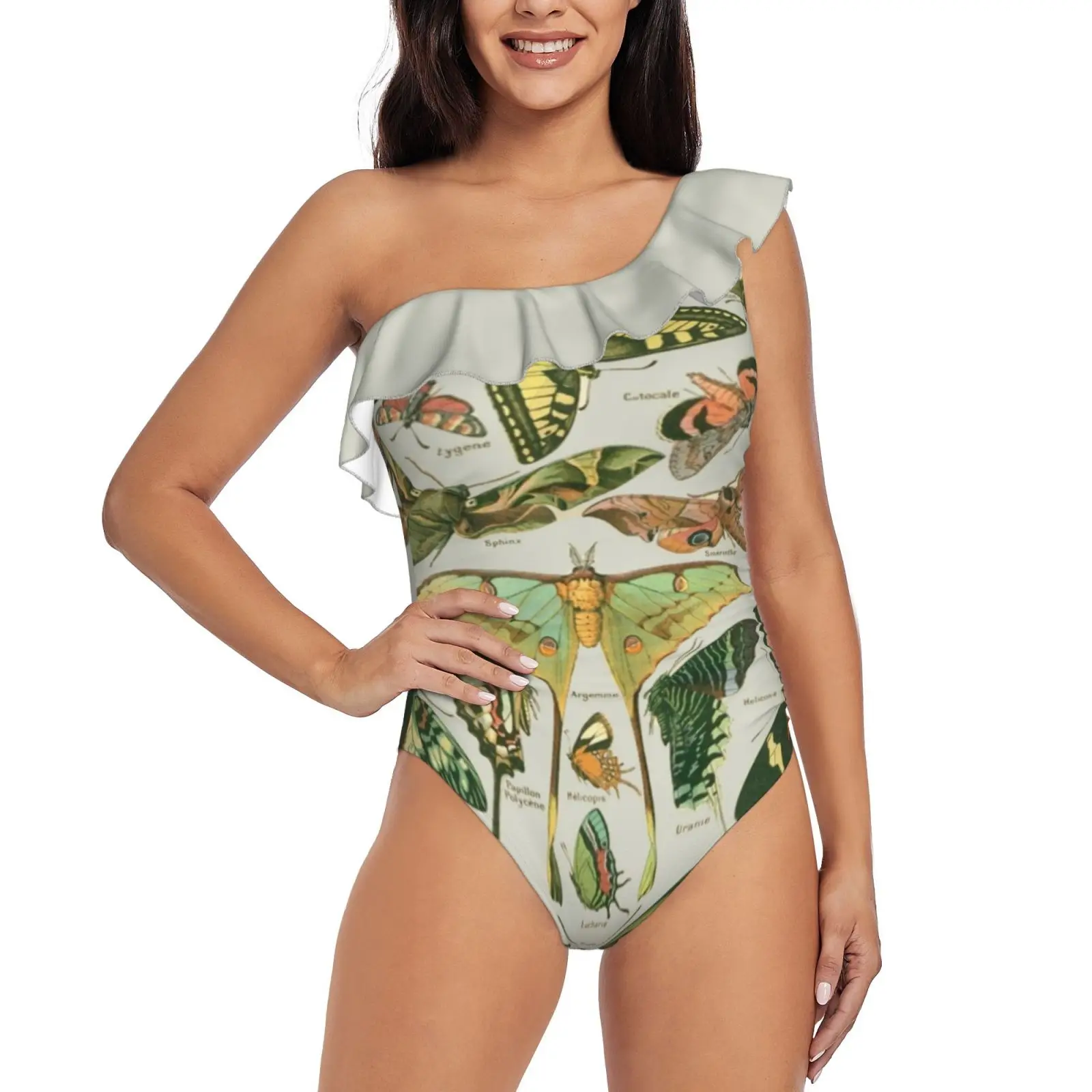

Сплошной купальник с рисунком, купальник на одно плечо с оборками, женский купальный костюм с открытой спиной, бабочки, бабочки, весна-лето