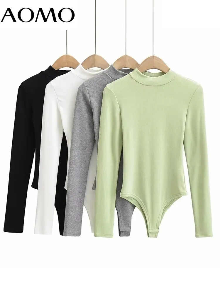 

AOMO 2022 Women Turtleneck Bodysuit Long Sleeve Female Overalls Bodysuits LK63A