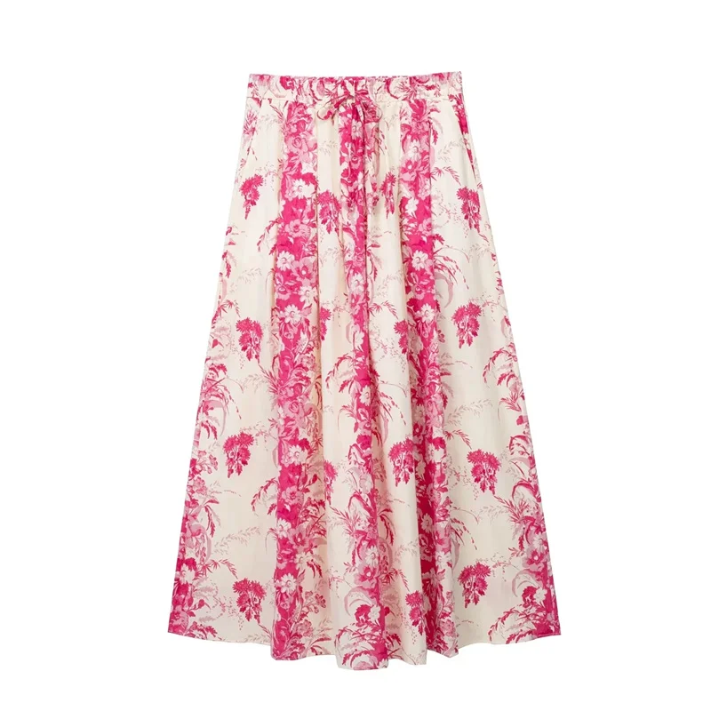 

TRAF Woman Printed Midi Skirt 2023 Summer Fairy Style Pink Contrast Elasticated Adjustable Drawstring Waistband High-waist Skirt