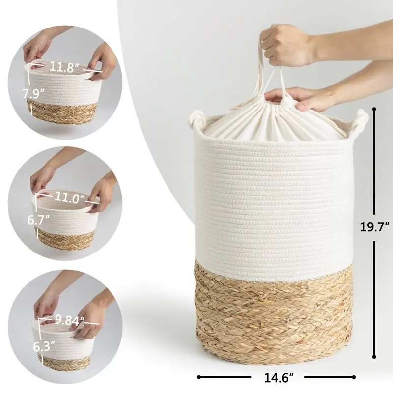 

Beautiful White Cotton Rope & Cattail Grass Woven Laundry Clothes Hampers Baskets Set, Perfect Decoration for Your Home.