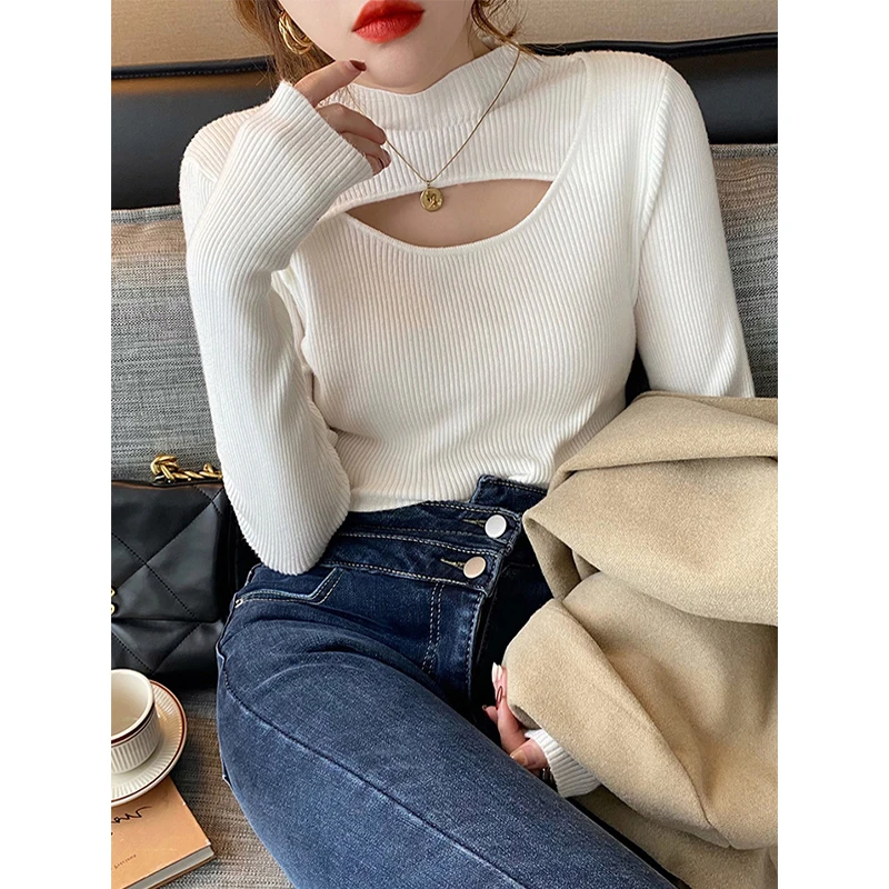 

Женская водолазка на осень/зиму 2023, новый дизайн, чувственный ажурный сексуальный облегающий вязаный свитер