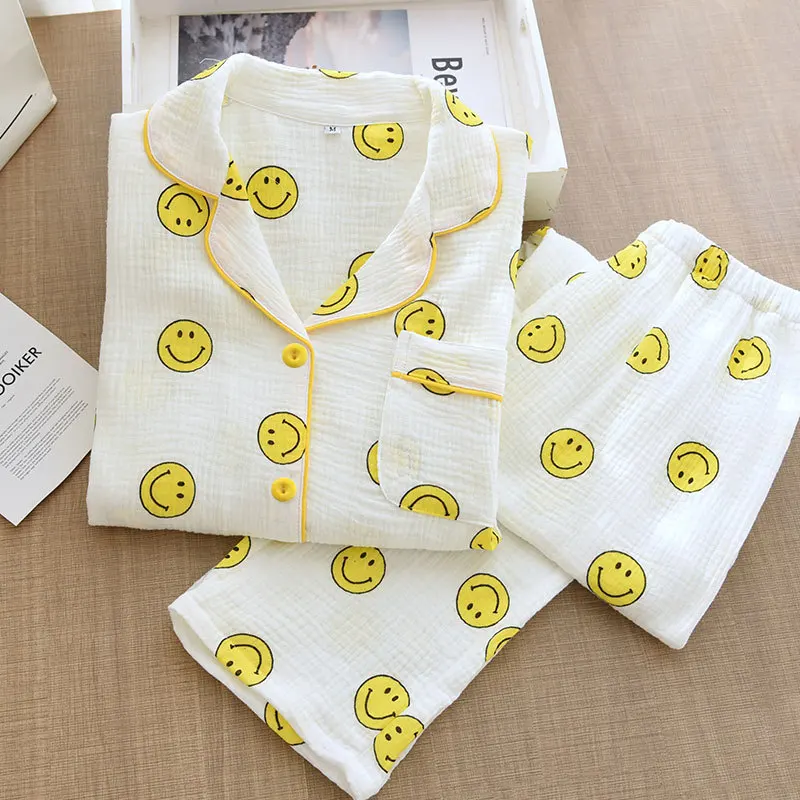 Lovely Cotton Gauze Pajamas Women Smiley Print Pijamas Korean Style Sleepwear Pyjamas 2 Piece Set Thin Homewear Loungewear