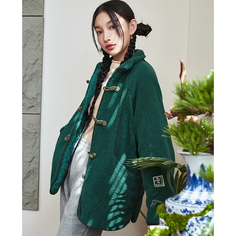 Toyouth Women Thick Plush Coat 2022 Winter Long Sleeve Stand Collar Loose Jacket Vintage Buttons Design Green Warm Outwear Tops