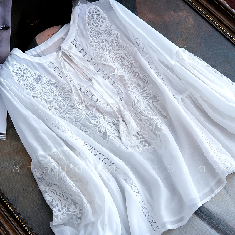 Блузка женская с вышивкой элегантная рубашка рукавами-фонариками свободный