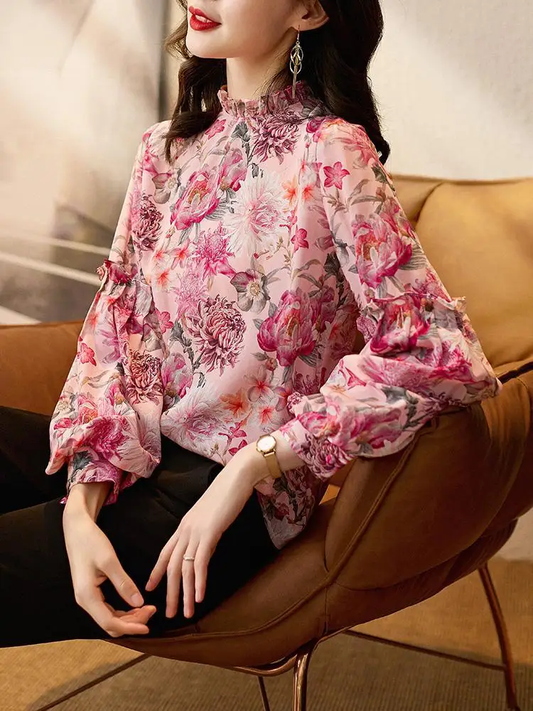 

Spring New Style Shirt Women's Elegant Ruffle Edge Splice Chiffon Lantern Sleeve Flower Top Women's Pullover Office Women Shirt