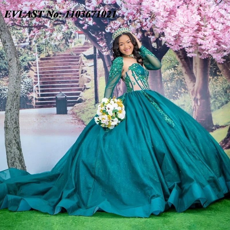 EVLAST индивидуальное изумрудно-зеленое бальное платье Quinceanera кружевное с