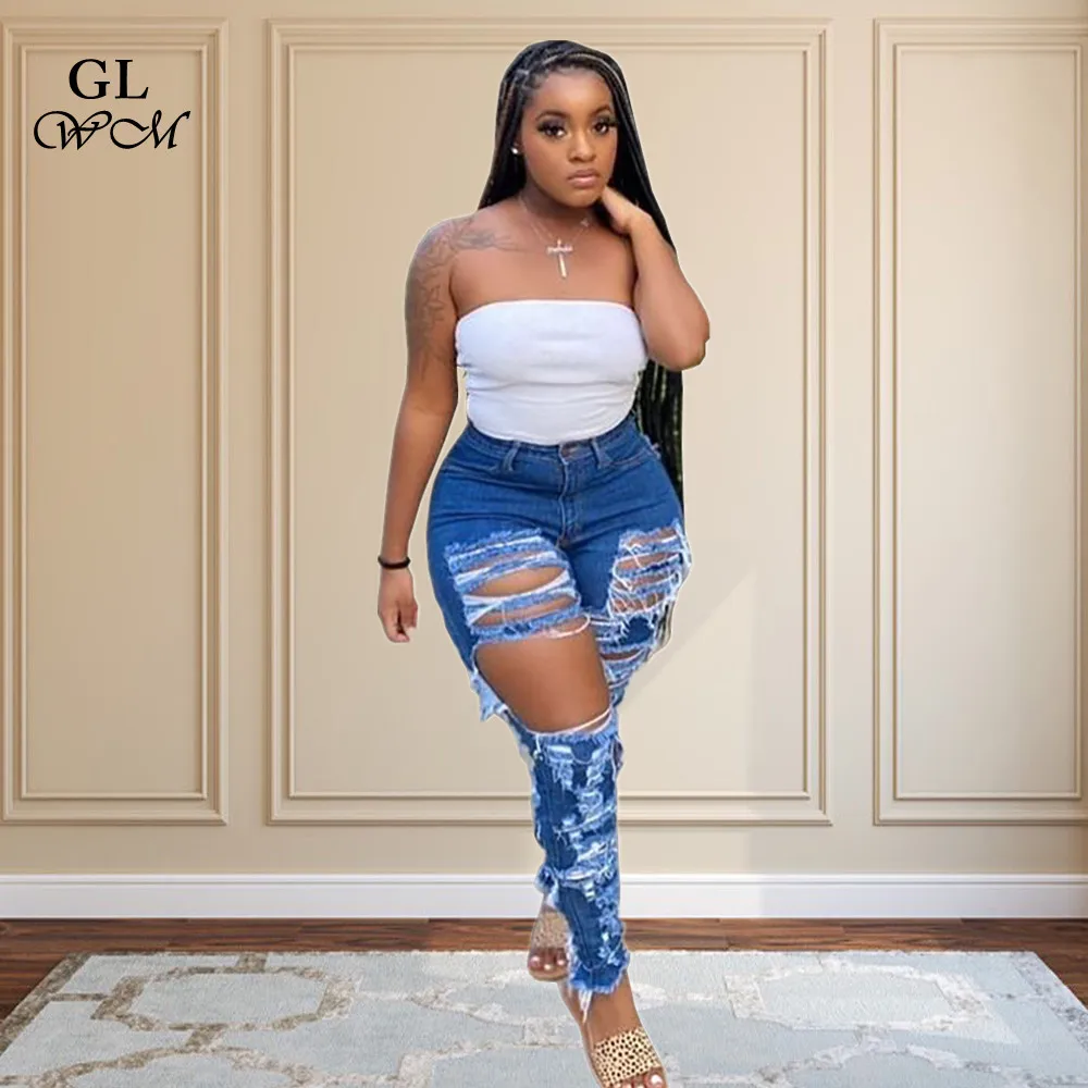 

S-3XL Street Wear Washed Full Length Ripped Jeans Stretch Denim High Waist Straight Pants Women Sexy Hole Wolesale Dropshipping