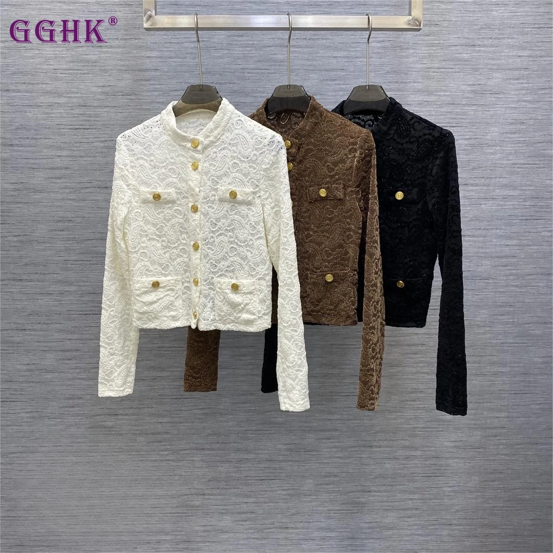 

GGHK High Quality Lace Light Luxury Women's Jacket 2023 Autumn New Long-sleeved Solid Color Retro Women's Tops A01370