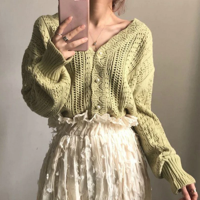 

Cropped Cardigan Women Spring Chic Hollow Out Elegant V-Neck Korean Vintage Femme Jumper White Sweet Girls Pearls Lady Knitwear