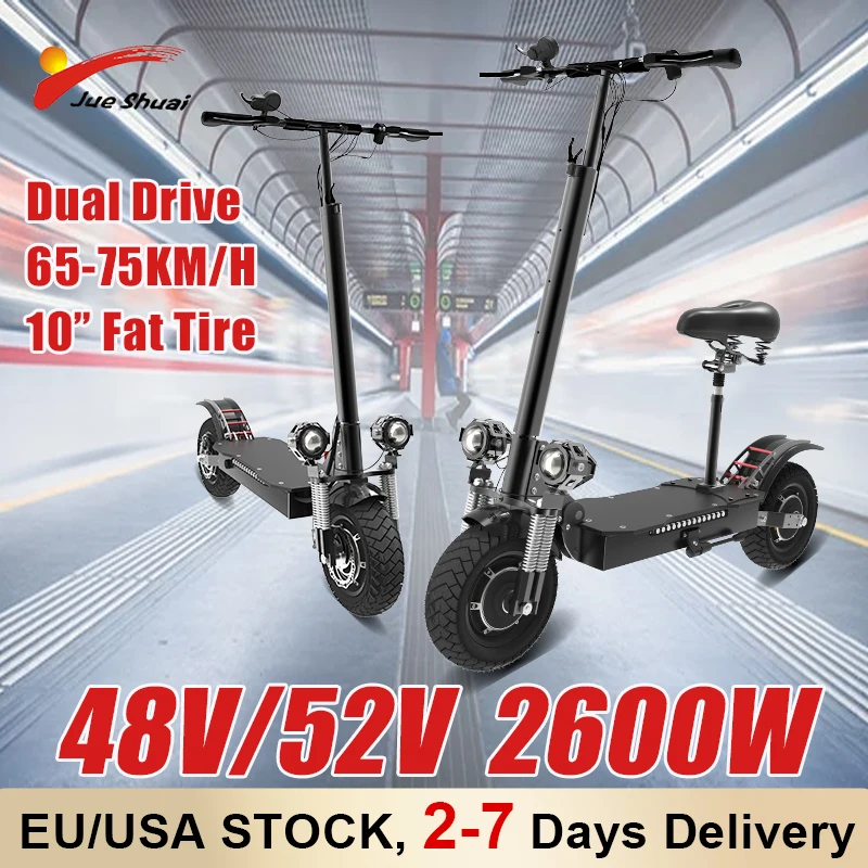 

48V 52V 2600W Electric Scooter 75km/h Max Speed 10" All Terrain Fat Tire Brushless Dual Motors Kick scooter with Seat Foldable