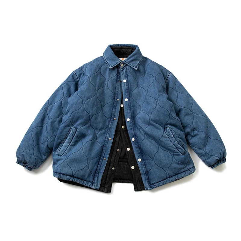 Japanese Cityboy Loose Shoulder Sleeves Washed Denim Cotton Coat Men's and Women's Solid Color Cotton Padded Blue Jacket