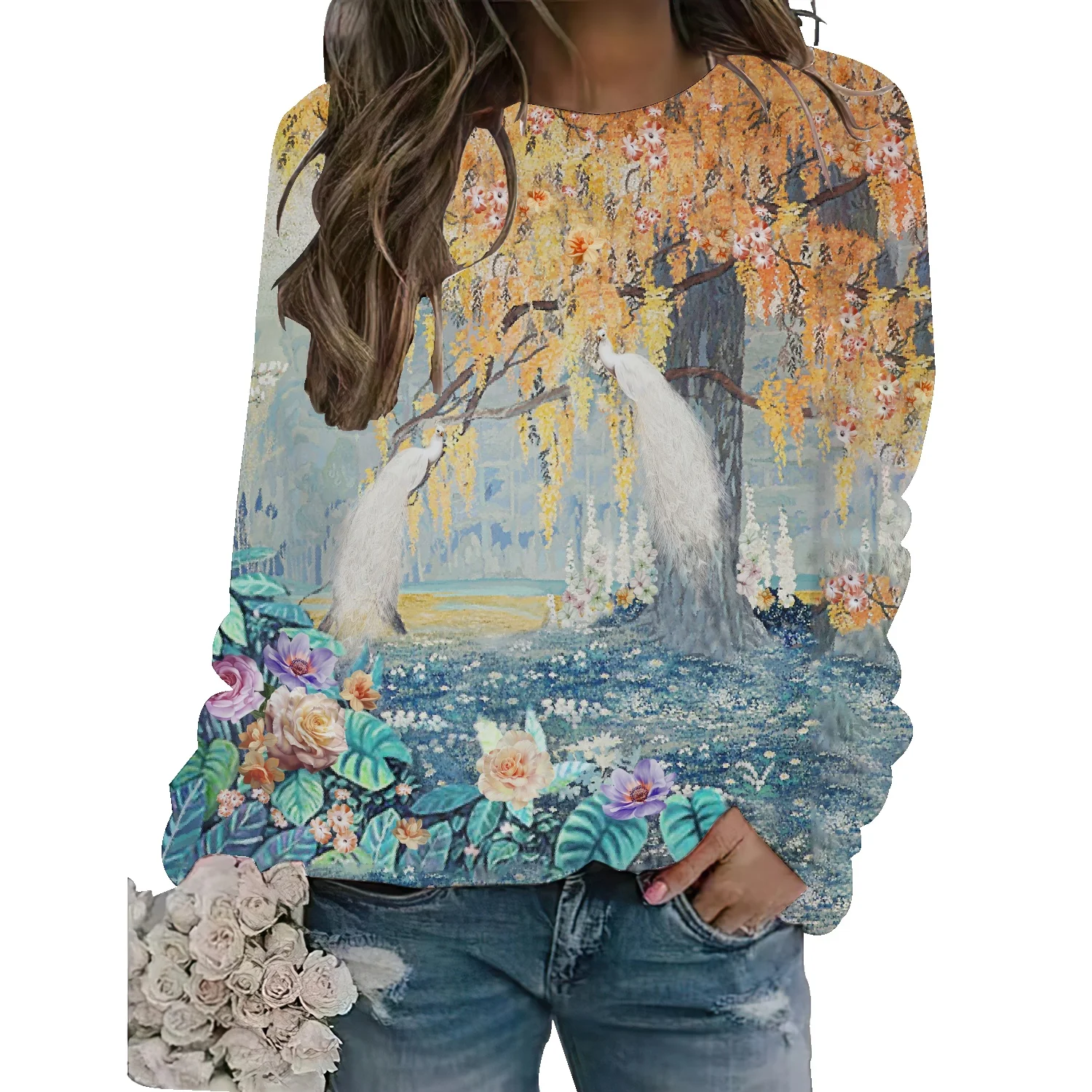 

2022 autumn and winter models can not ball new art watercolor flowers loose printing sweater women's high school long top women