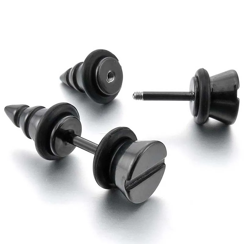 

Stainless Steel Stallion Earrings Plastic Black Rubber Screw Spike Pinch Plug Charming Attractive Elegant Man