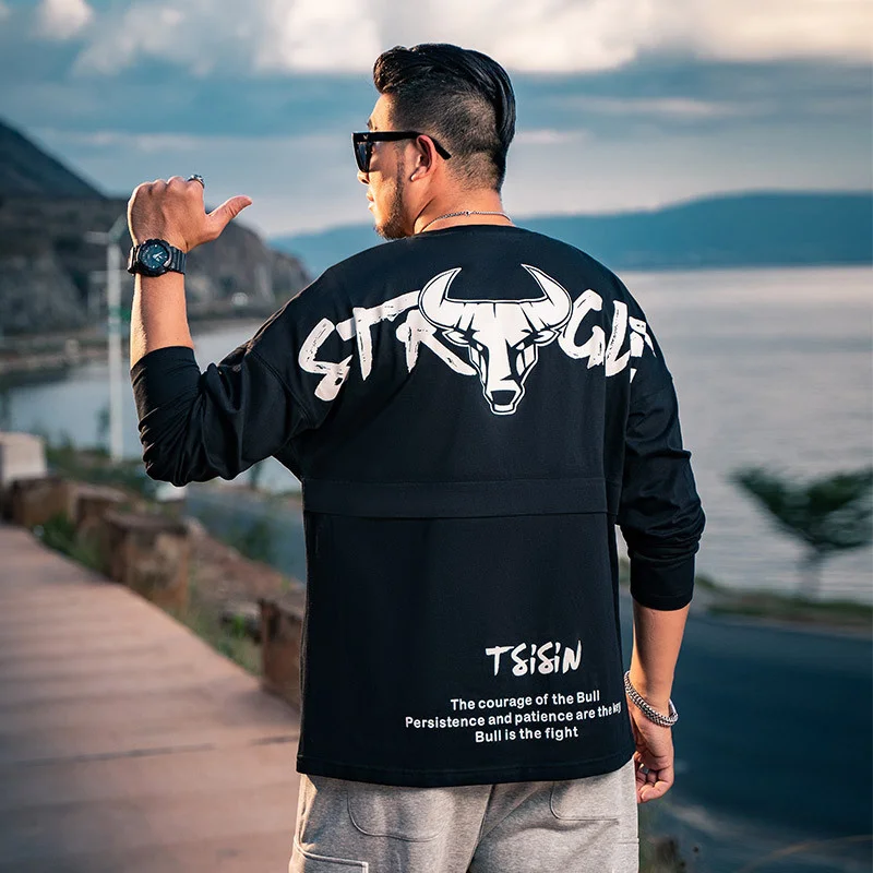 

Plus Size Men's Printed T-shirt Autumn Long-sleeved Tshirts Man Tops Trendy Oversized Brand 100% Cotton Tees 6XL 7XL