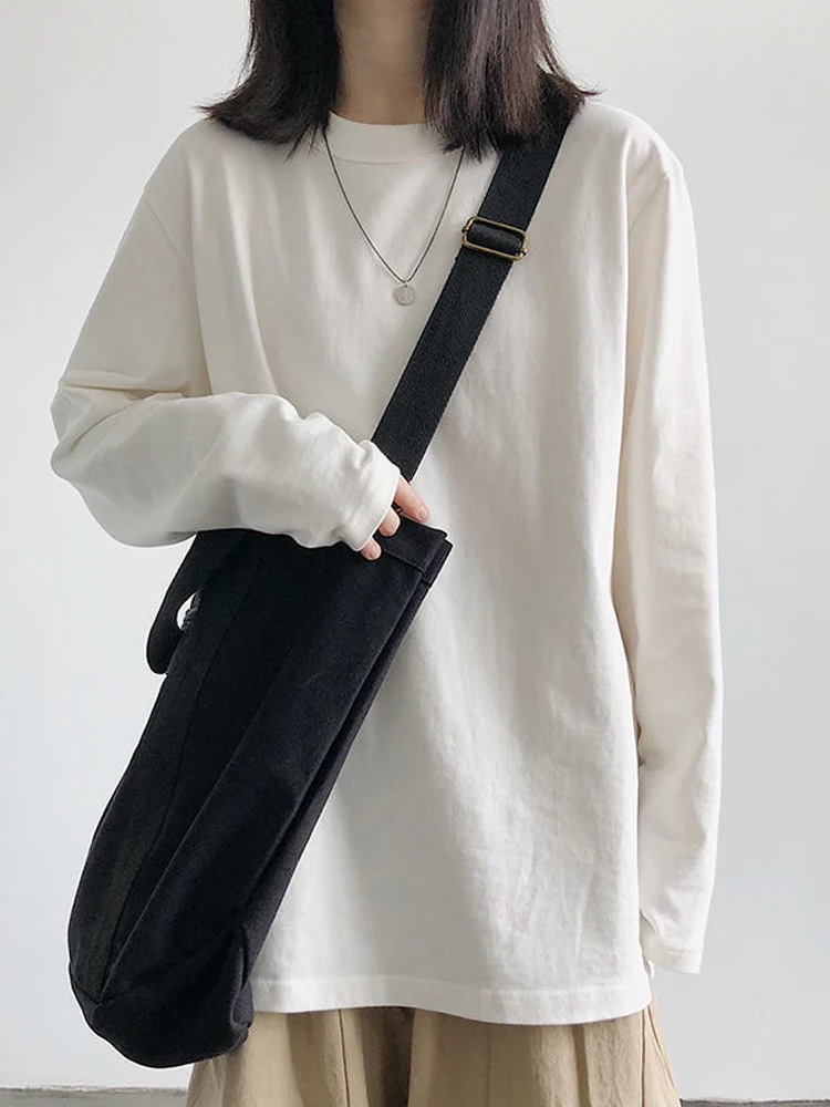 

HOUZHOU White Black Long Sleeve Tshirt Women Basic Oversized Spring Autumn O-neck Korean Fashion Tees Solid Color Tops All-match