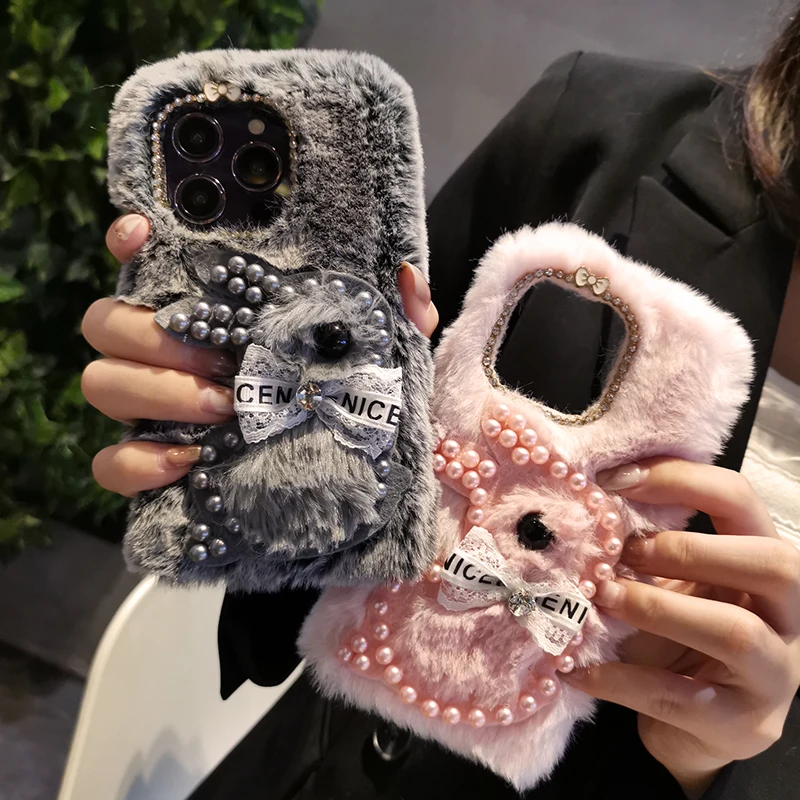 

Зимний стильный плюшевый жемчужный кролик, чехол Ins с пушистым для IPhone 14 Pro Max, роскошный чехол 14plus, защитный чехол