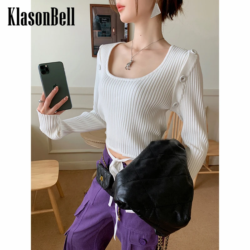 

9,28 темпераментная Съемная трикотажная одежда KlasonBell, женский короткий тонкий трикотажный пуловер с длинным рукавом и кулиской