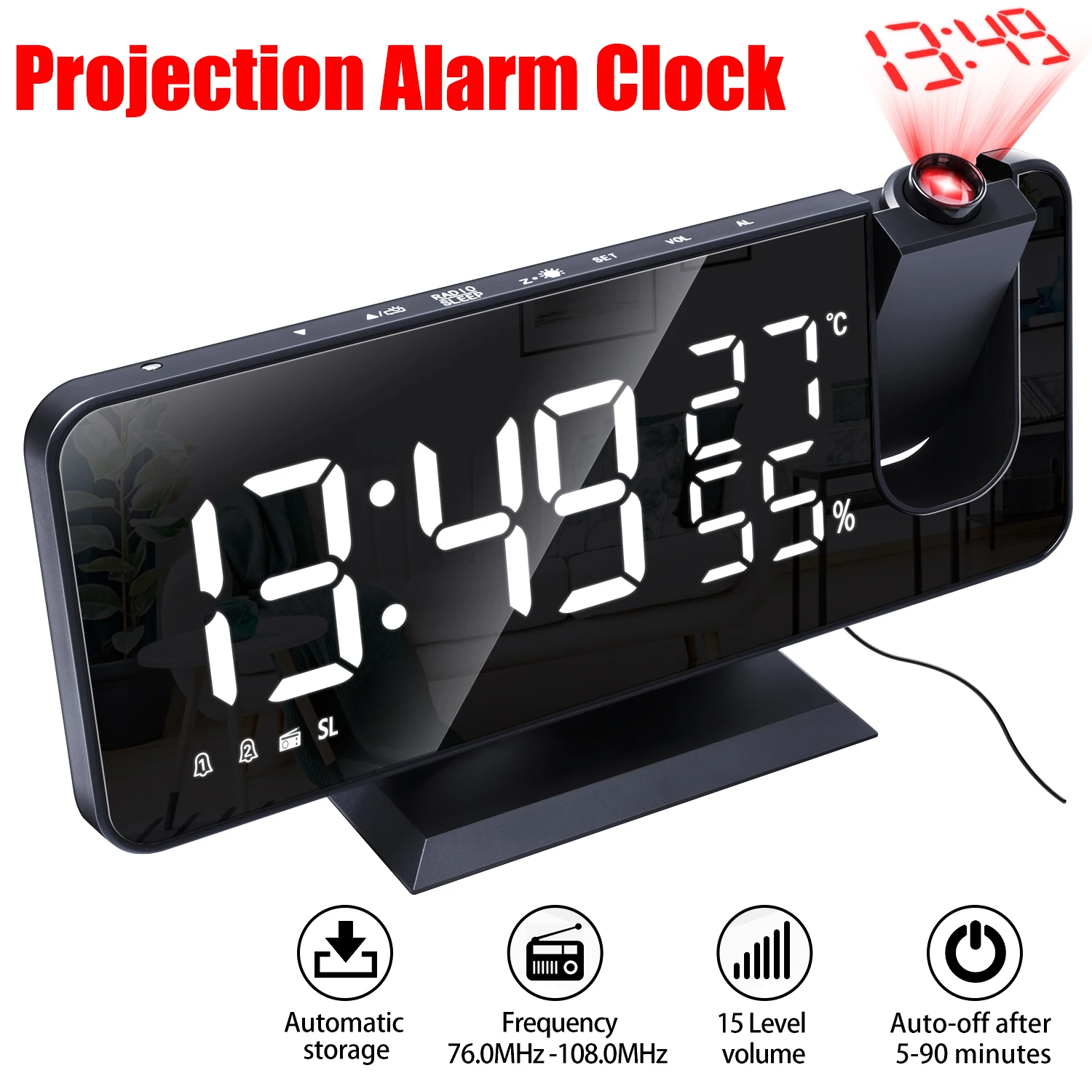 

Projection Alarm Clock Large Screen LED Digital Display Alarm Clock with Temperature Humidity Bedroom FM Radio Clock