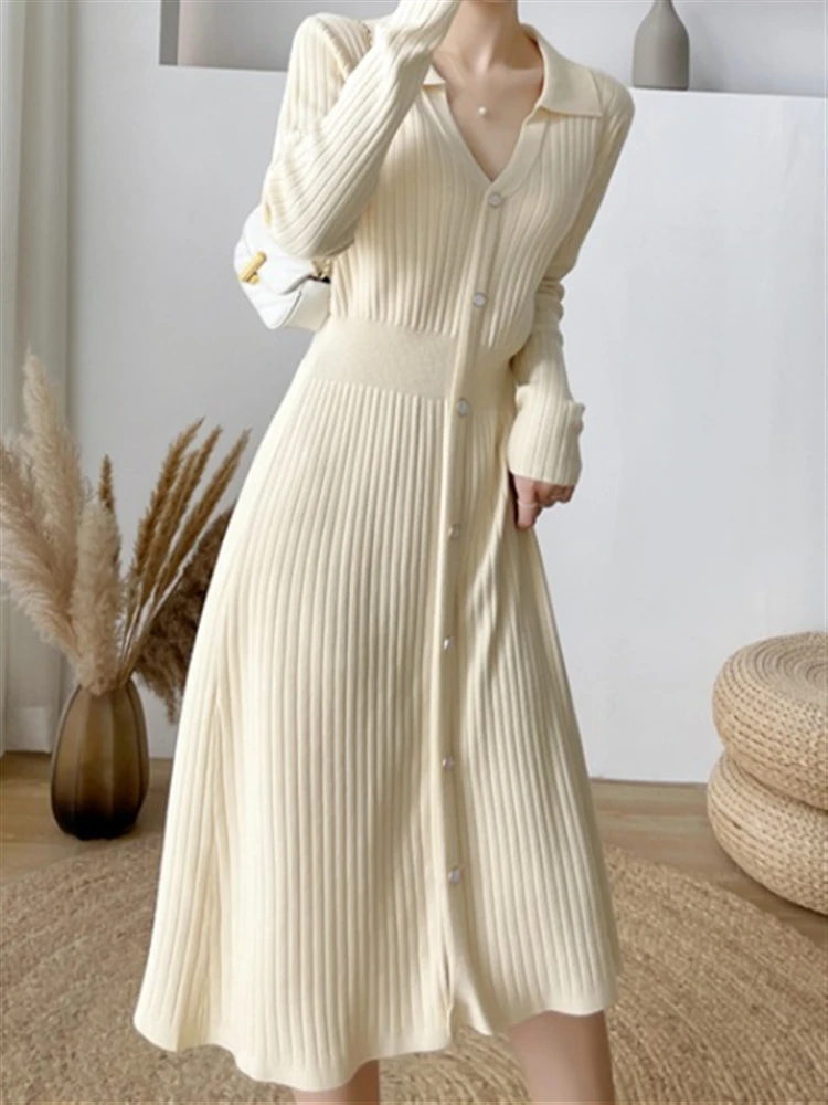 Elegant 2022 Apricot Dresses Sweater Dress Women New Woman Winter Solid Clothing Vintage Korean Thick Knitted Warm Autumn Robe