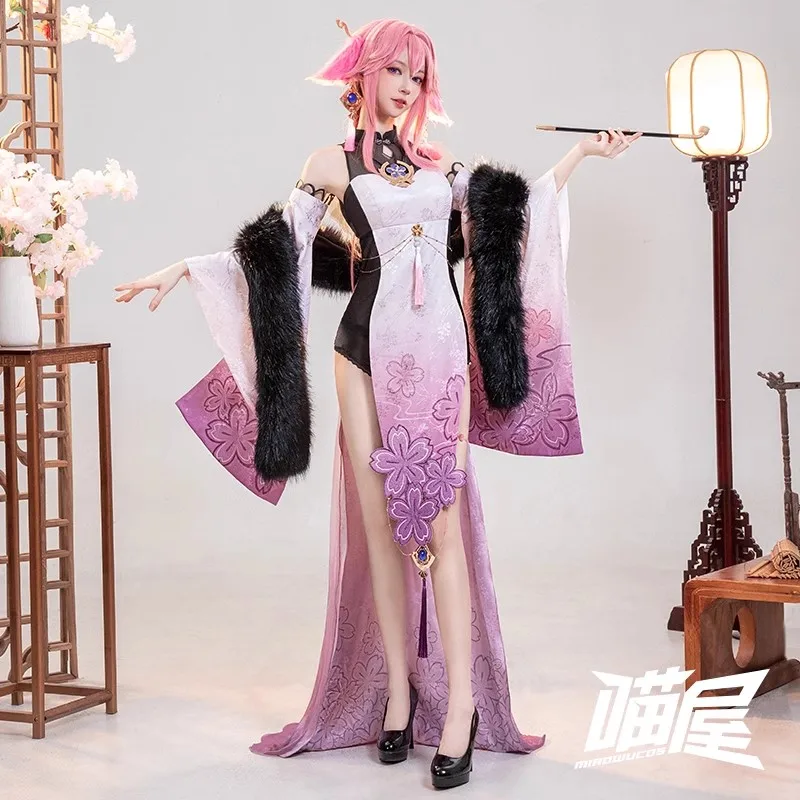 

COS-KiKi Genshin Impact Yae Miko Game Suit Cosplay Costume Elegant Chengsam Slim Dress Halloween Party Role Play Outfit Women