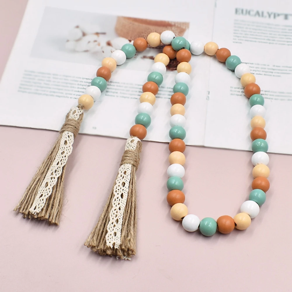 

DIY Wood Bead Tassel String Twine Handmade Wooden Chains Garlands Rattan Macrame Wall Hanging Pastoral Twine Tassel Gift