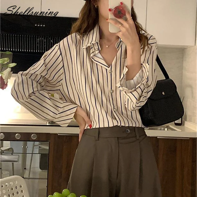 

Shellsuning Korean Stripe Long Sleeve Shirt Women Spring Loose Simple All-match Blouse Female Trendy Base Single Breasted Tops