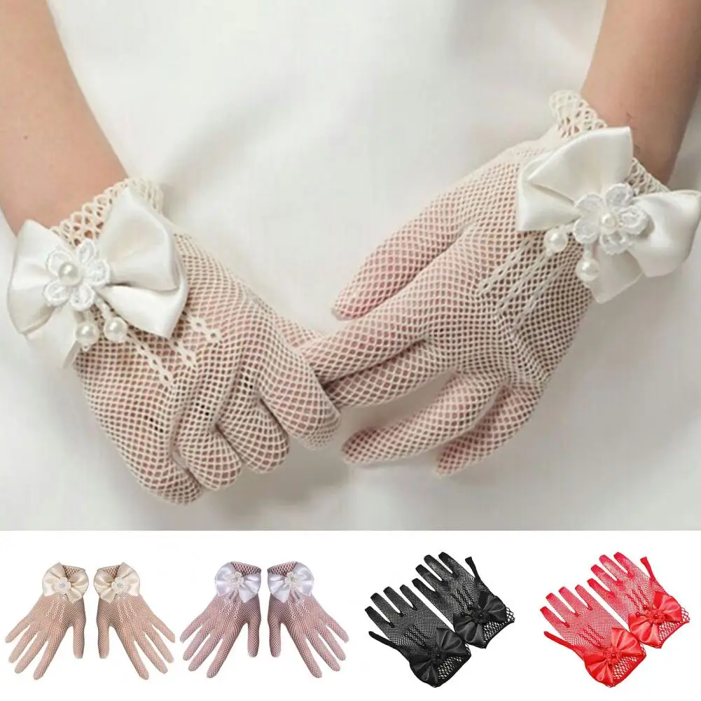 

Короткие перчатки для девочек, свадебные перчатки с большим бантом, прозрачные ажурные сетчатые Цветочные Декоративные перчатки с бусинами, свадебные кружевные перчатки для выпускного вечера, 1 пара